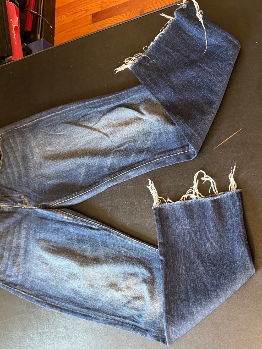 Hudson Raw Hem Dark Wash Distressed Straight Jeans
